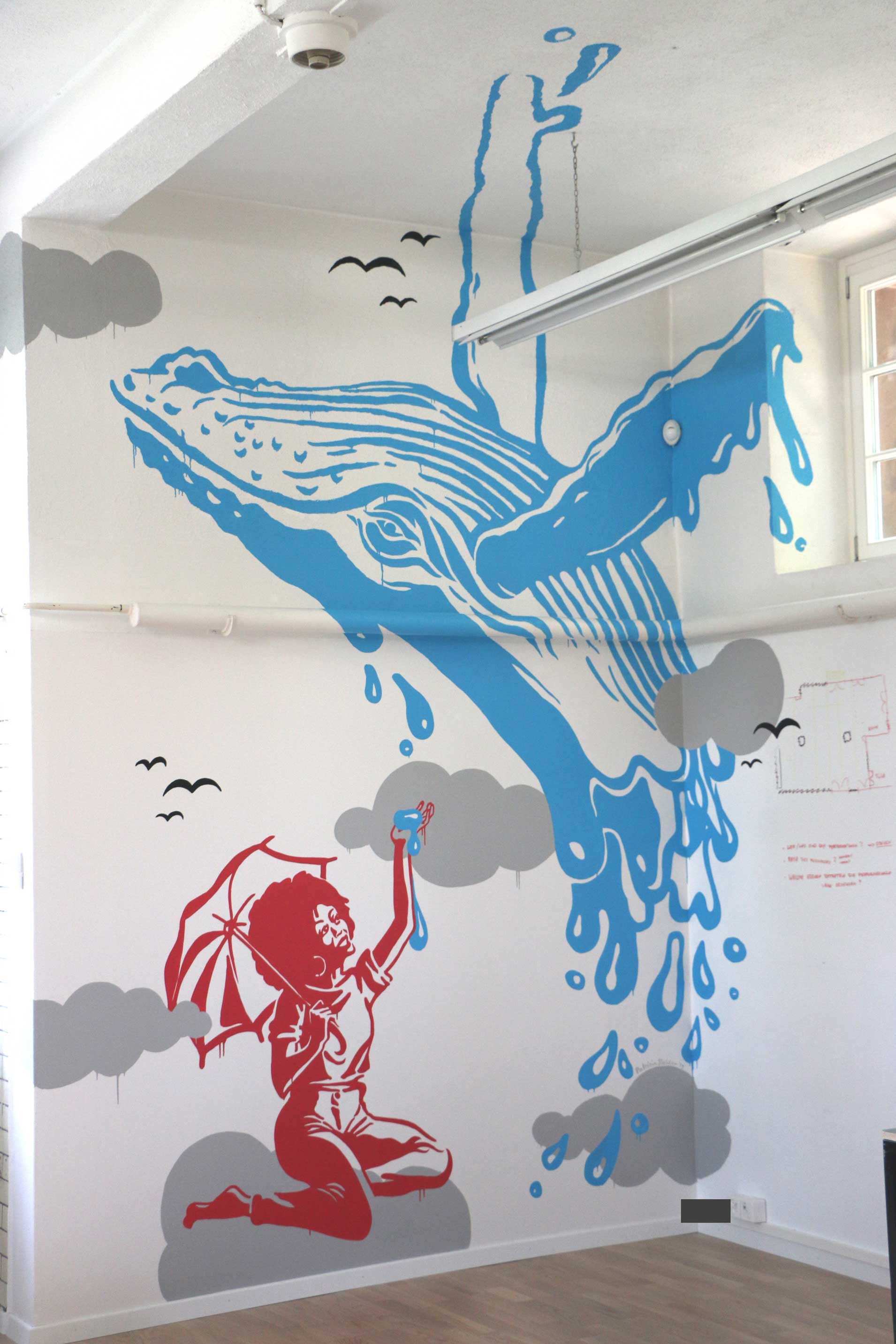 Mural Wörker Wandbild Walfisch - Patrizia Stalder - Illustration - Wandmalerei - Grafik Design - Naming & Konzept - Corporate Design - Webdesign (Responsive) - Print Design - Mode Design - Taschen Design - Beschriftung - Fotografie - Malerei - Künstelerin Schweiz - Austellungen Basel - Kunst - Live-