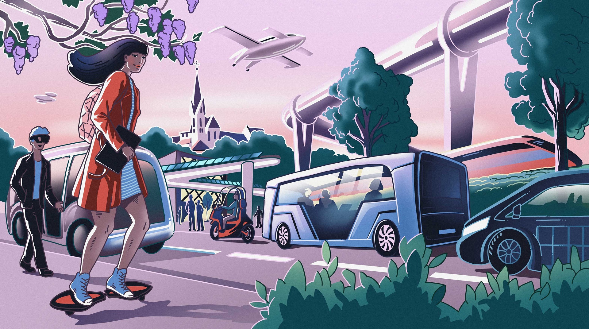 Mobilität der Zukunft - Schweiz - Illustration - Projekt - Bild - Landschaft - SBB - Postauto AG - RVBW