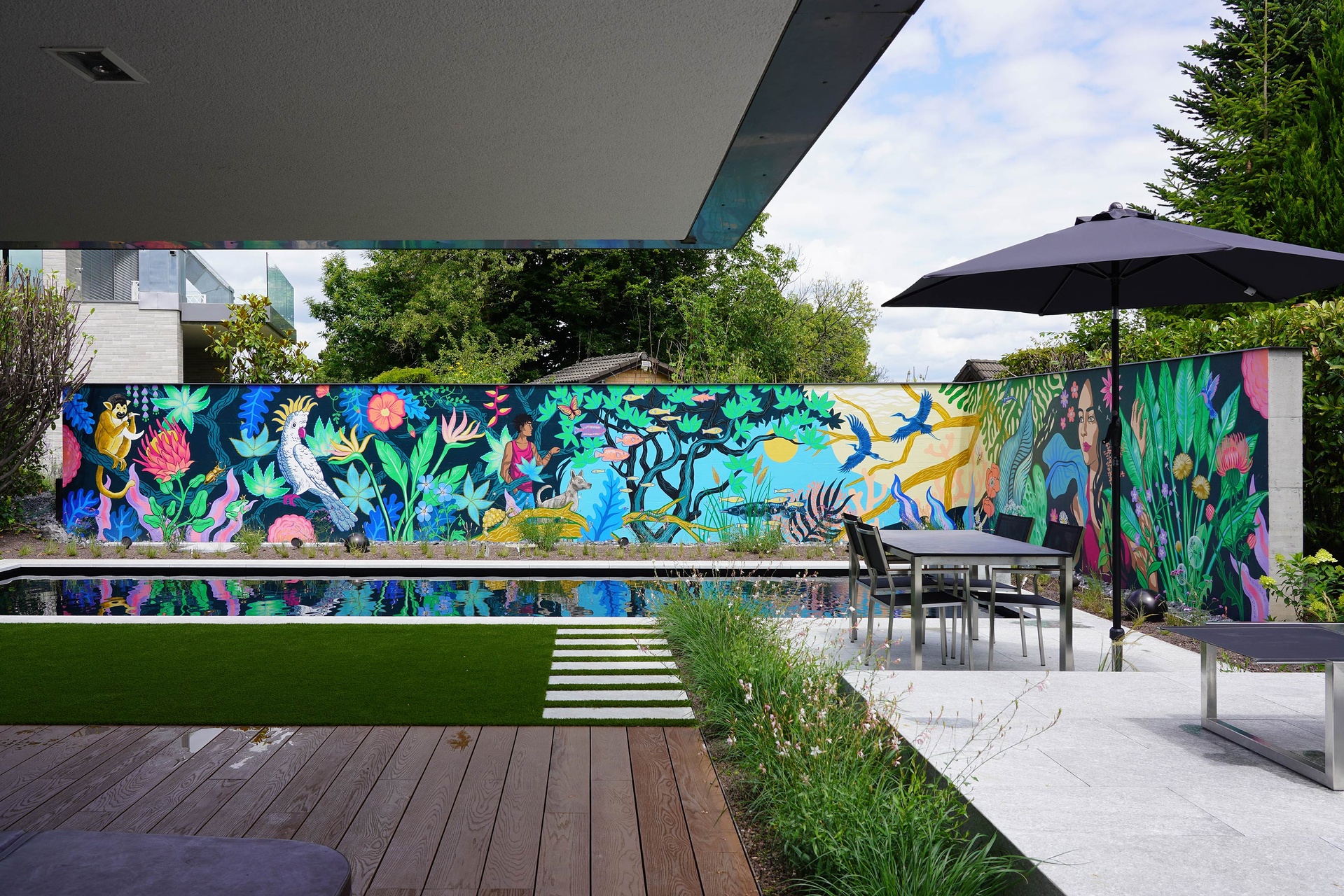 Wandbild Garten - Patrizia Stalder - Illustration - Wandmalerei - Grafik Design - Naming & Konzept - Corporate Design - Webdesign (Responsive) - Print Design - Mode Design - Taschen Design - Beschriftung - Fotografie - Malerei - Künstelerin Schweiz - Austellungen Basel - Kunst - Live-